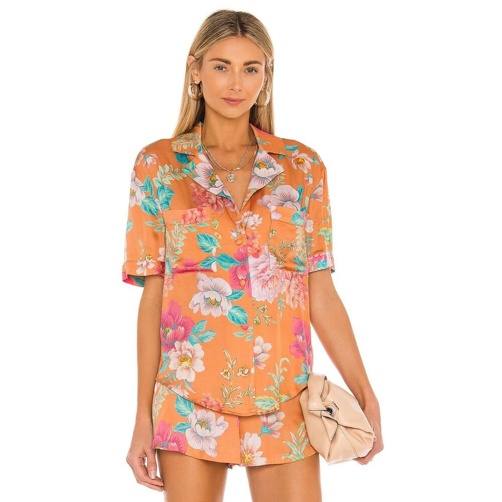 MAJORELLE Womens Top Small Orange Floral Button Up Satin Pockets Tropical CONNIE